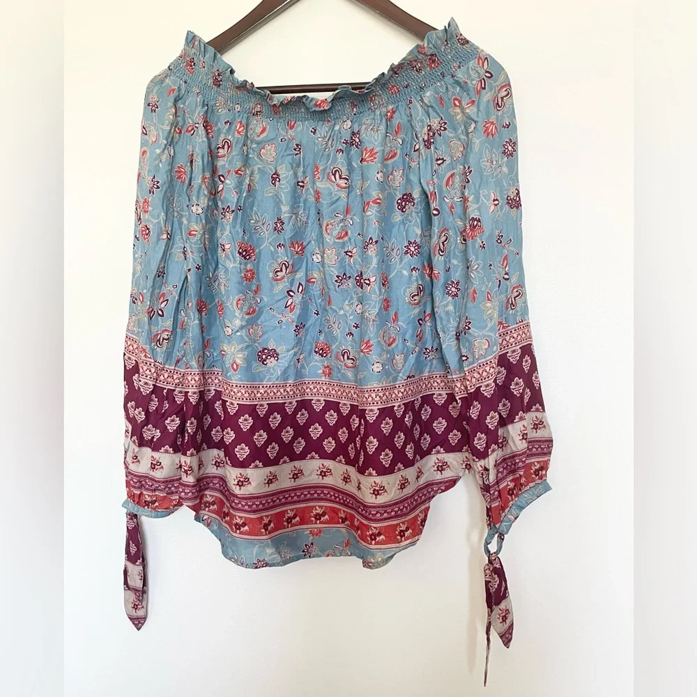 NWT Beach Lunch Lounge Blouse Women Blue Pullover Top Off Shoulder Floral Boho - Picture 2 of 5
